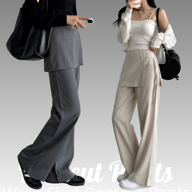 부츠컷 키작녀 슬랙스 냉장고 랩치마바지 랩스커트팬츠 블랙, L - 상세 이미지 2