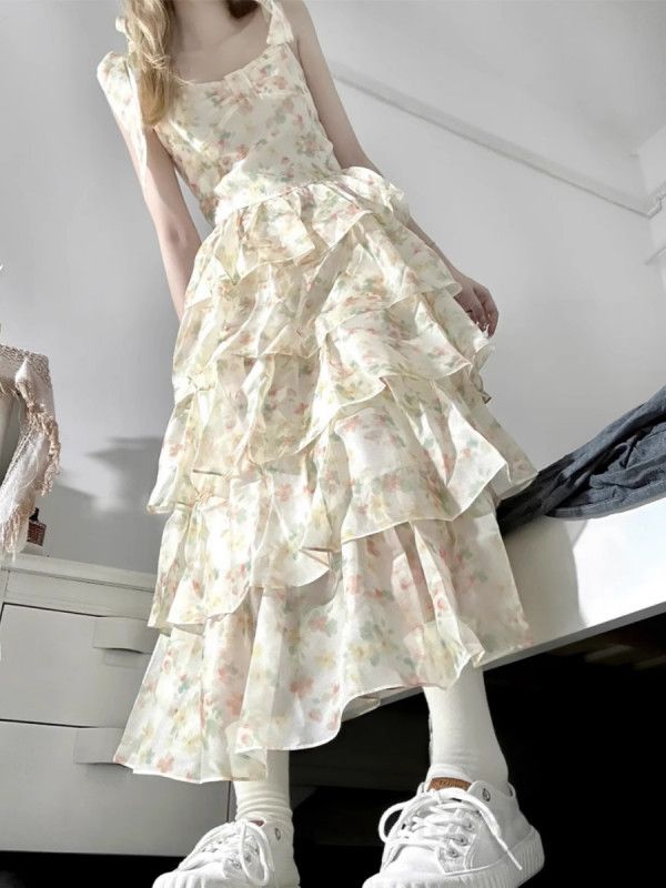 여성 여름 플로럴 드레스 슬림핏 케이크 스커트 나비넥타이 디자인 휴가 바캉스룩 시원한 착용감 편안한 외출용 스타일링 - 상세 이미지 3