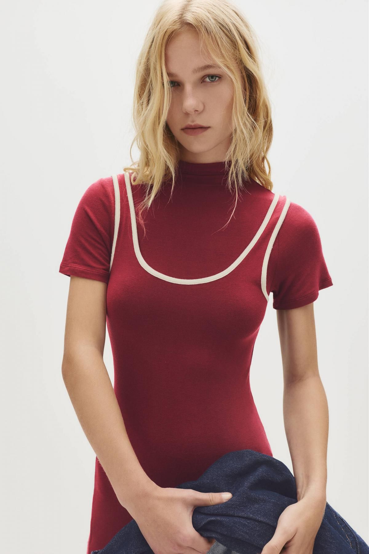 풀앤베어 스트레치 배색 더블 골지 롱 원피스 7394/344 MAROON - 상세 이미지 5