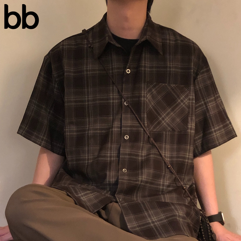 남자체크남방 직장인 봄 셔츠 스트라이프 빅사이즈 남녀공용 여름 스판 오버핏 반팔 브라운 M - 상세 이미지 3