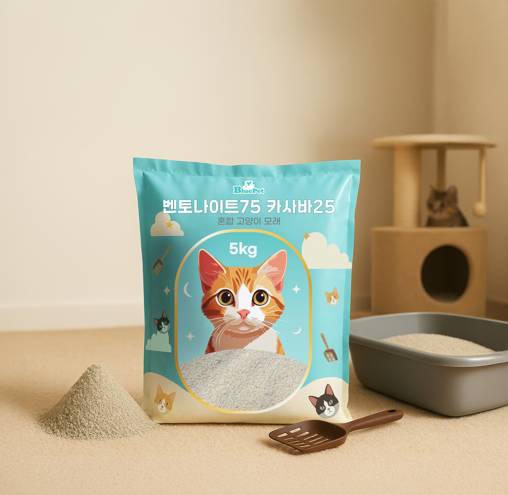 블루펫 벤토나이트75 카사바25 혼합 고양이모래 15kg, 1개
