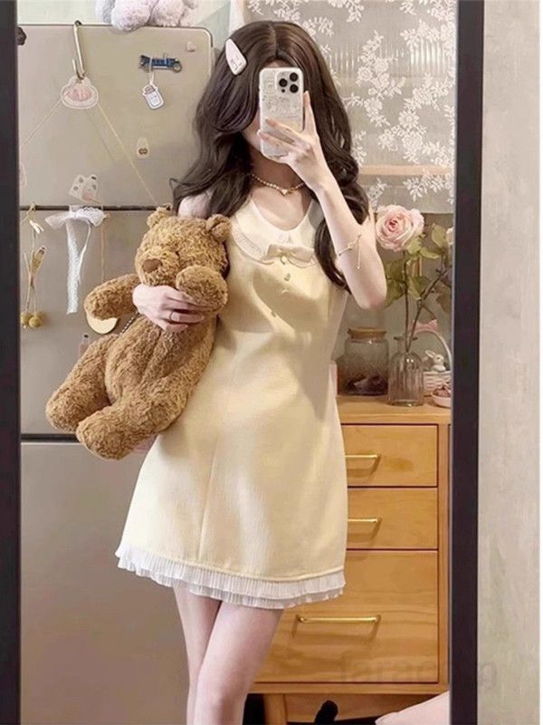 여성 여름 민소매 미니드레스 허리 슬림핏 인형 칼라 노란색 파티복 빈티지 스타일 데일리룩 시원한 착용감 - 상세 이미지 3