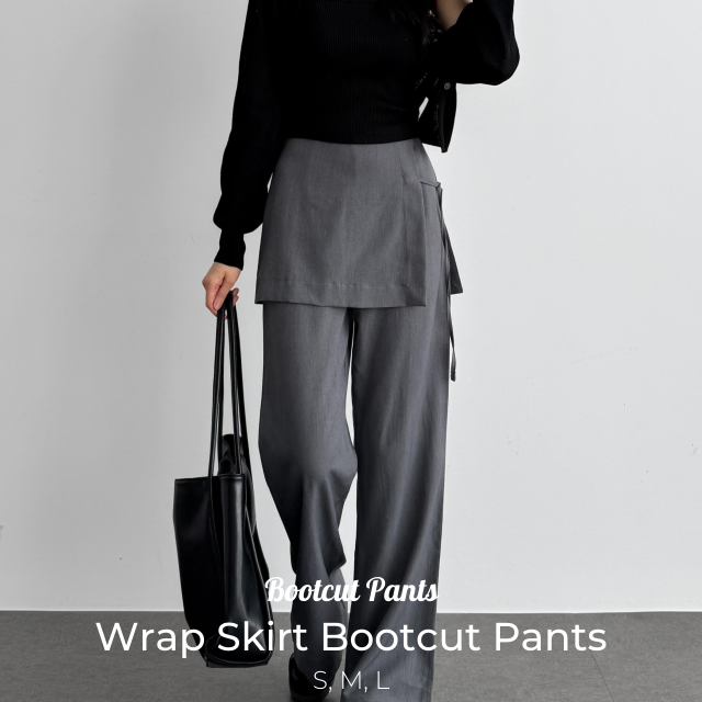 부츠컷 키작녀 슬랙스 냉장고 랩치마바지 랩스커트팬츠 블랙, L - 상세 이미지 4