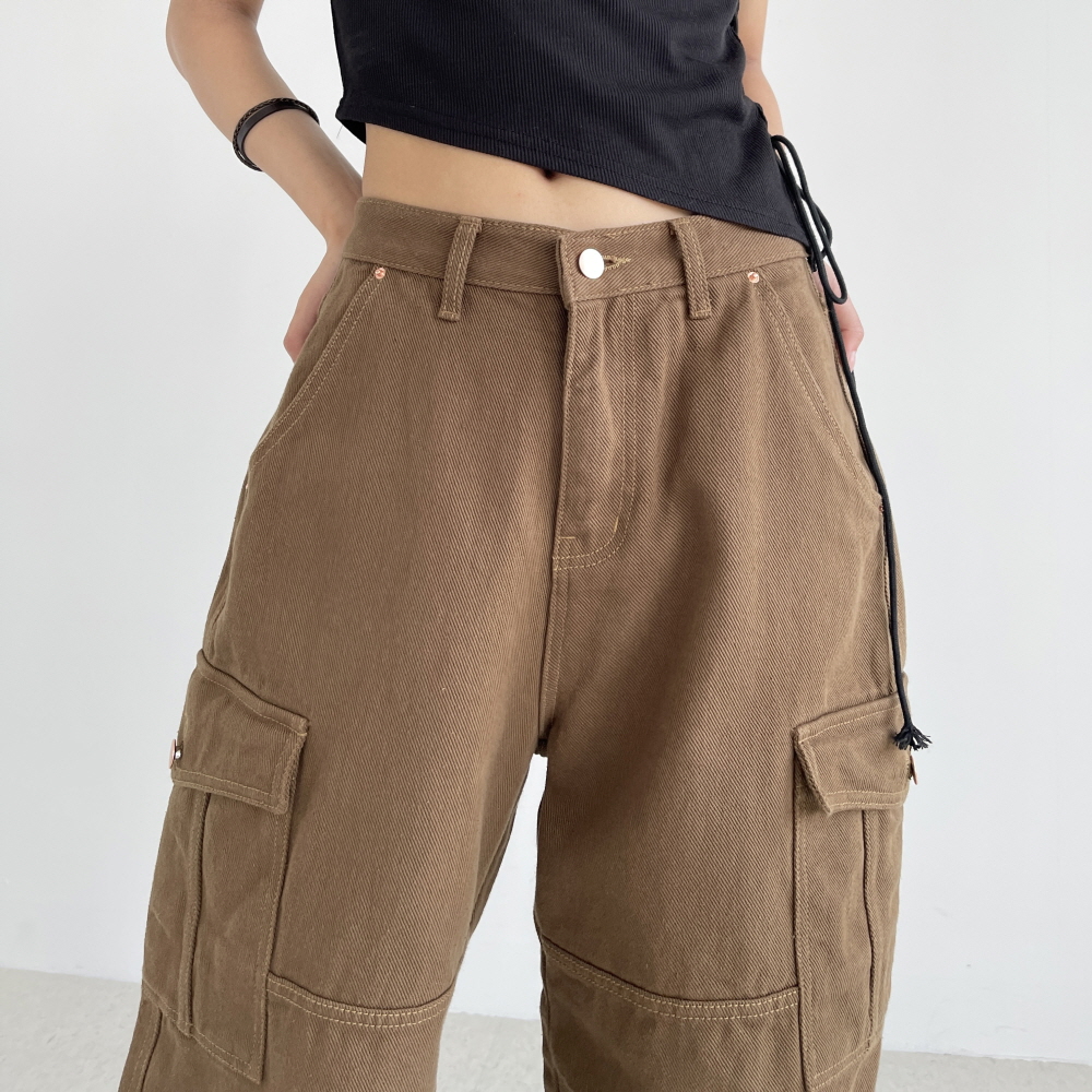여성카고팬츠 하이웨스트 가을 겨울 브라운 블랙 코튼 세미와이드 면바지 어텀카고팬츠 - 상세 이미지 3