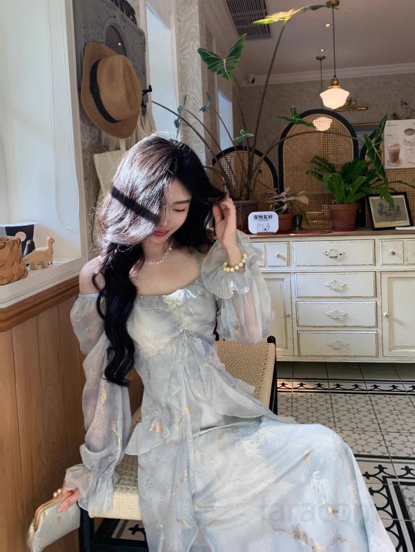 여성 롱슬리브 드레스 블루 그라데이션 페어리 러플 디자인 우아한 스타일 파티룩 매력적인 데일리웨어 고급스러운 착용감 - 상세 이미지 4