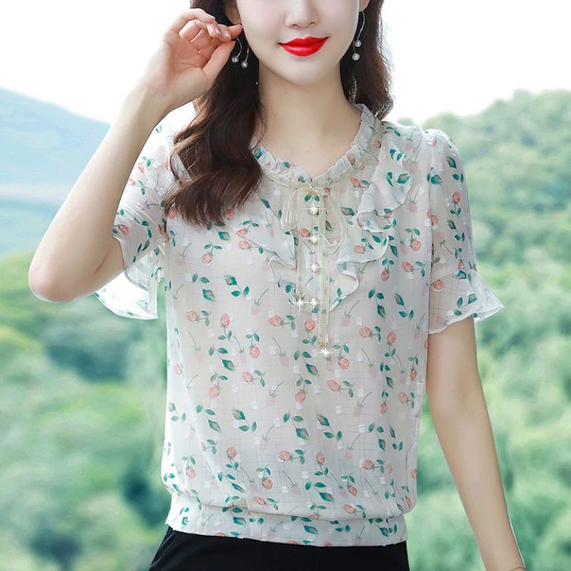 반팔 여름 오버핏 기능성 기본 쿨론 반팔블라우스 티블라우스 프릴블라우스 여성 살구색 바탕 노란꽃 M - 상세 이미지 2