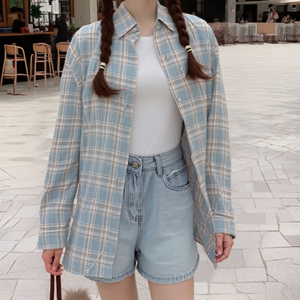 여성난방 체크무늬 레이어드 긴팔 가을 남방 - 상세 이미지 2