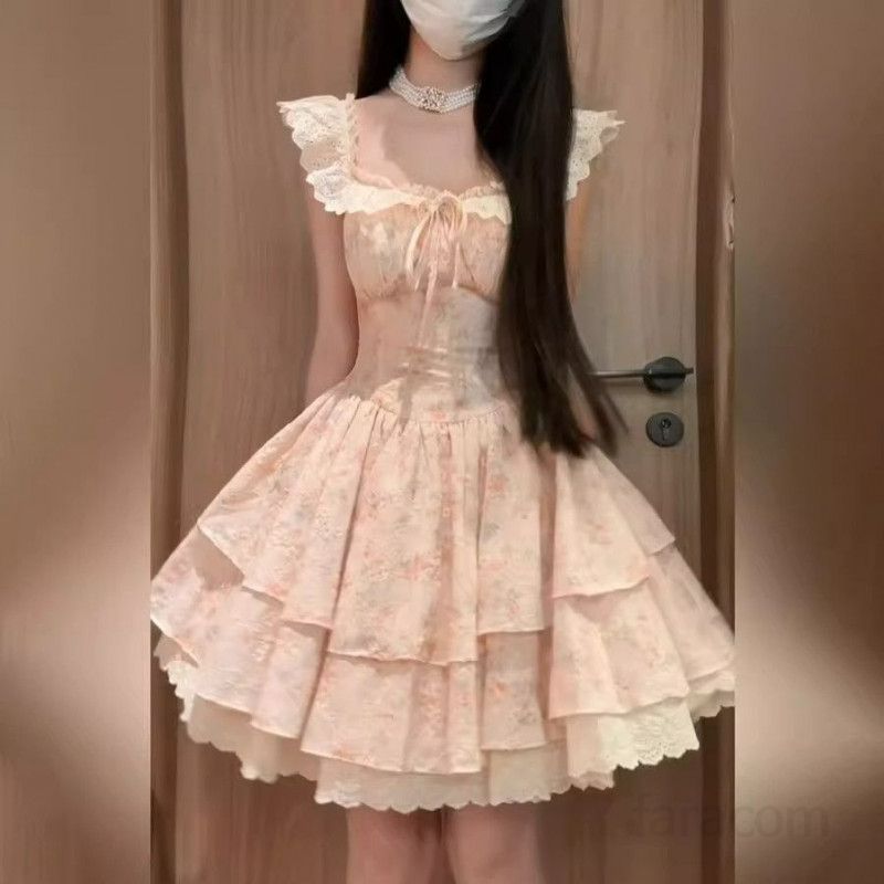 여성 여름 원피스 플라워 패턴 부드러운 소재 공주 스타일 케이크 스커트 날아다니는 소매 로맨틱한 휴양지룩 편안한 착용감 - 상세 이미지 2