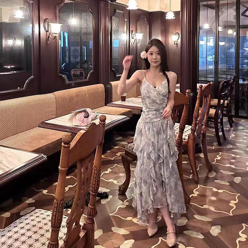 플로럴 서스펜더 롱 드레스 여성 가을 휴양지룩 바캉스원피스 도파민 웨어 스타일 해변 산책용 시원하고 편안한 착용감 - 상세 이미지 5