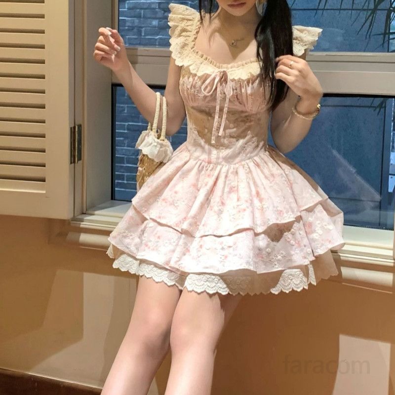 스퀘어넥 플라워 미니드레스 허리 슬림핏 여름 파티룩 플라잉 슬리브 부드러운 착용감 데일리 스타일링 가능한 여성 원피스 - 상세 이미지 3