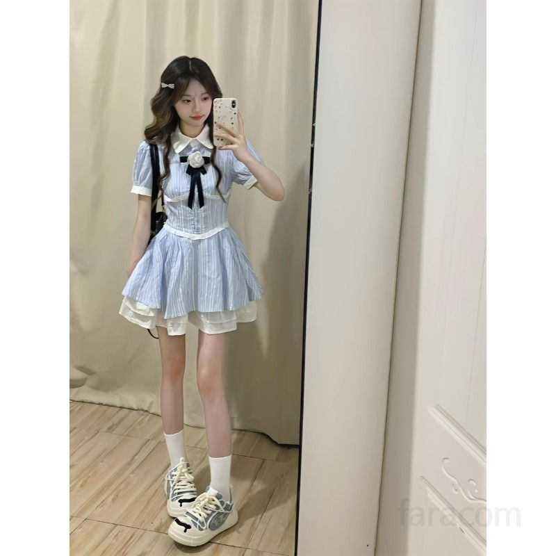 여성 여름 스트라이프 셔츠 원피스 프랑스 스타일 숏 스커트 캐주얼 바캉스룩 시원한 착용감 데일리룩 휴가 원피스 - 상세 이미지 3