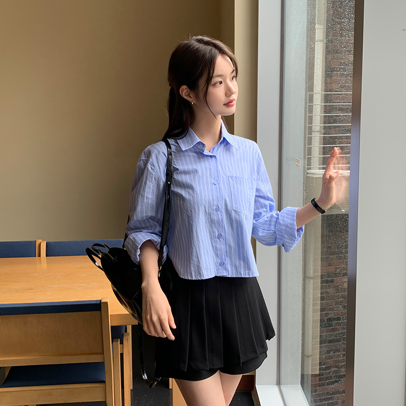 루즈핏 긴팔 크롭 스트라이프 셔츠 bs8400 - 상세 이미지 2