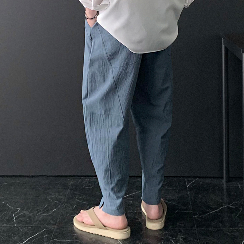 남자 여름 린넨 바지 9부 벌룬핏 와이드 고무줄 밴딩 슬랙스 팬츠 항아리 마바지 - 상품 이미지