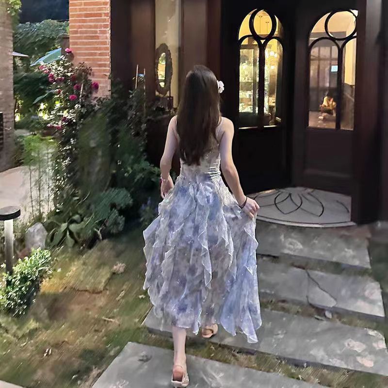 플로럴 서스펜더 롱 드레스 여성 가을 휴양지룩 바캉스원피스 도파민 웨어 스타일 해변 산책용 시원하고 편안한 착용감 - 상품 이미지