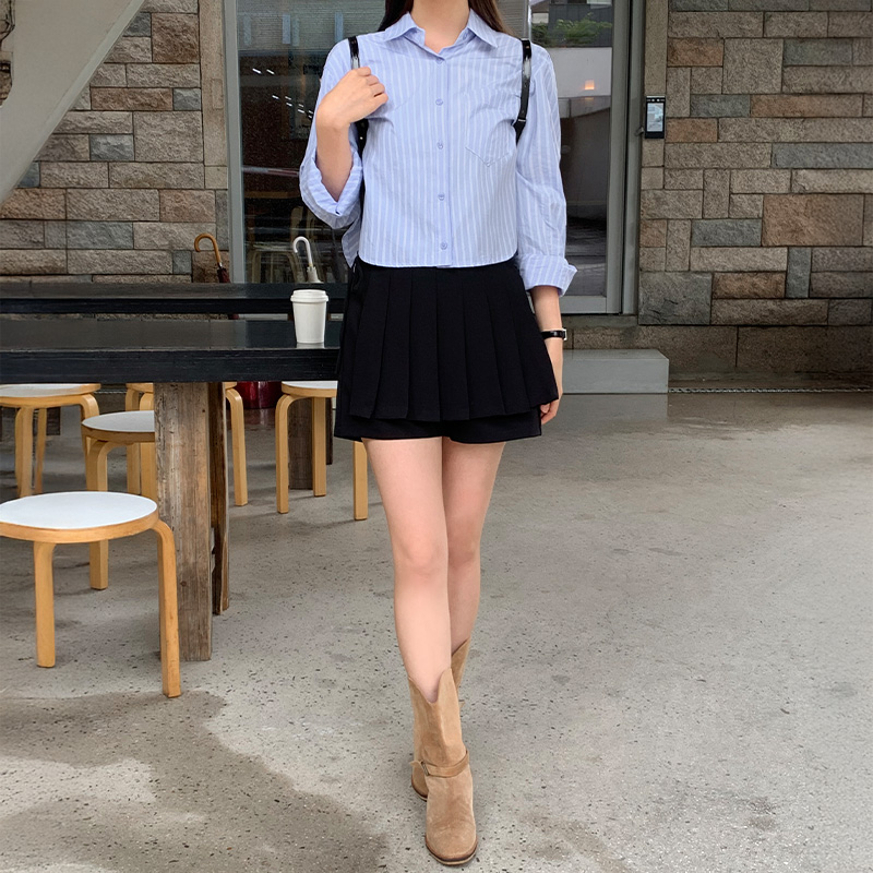루즈핏 긴팔 크롭 스트라이프 셔츠 bs8400 - 상세 이미지 5