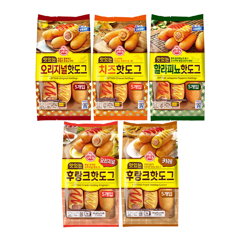 [15+15] 오뚜기 맛있는 핫도그 오리지널/치즈/할라피뇨/후랑크/후랑크카레 5종 - 상품 이미지