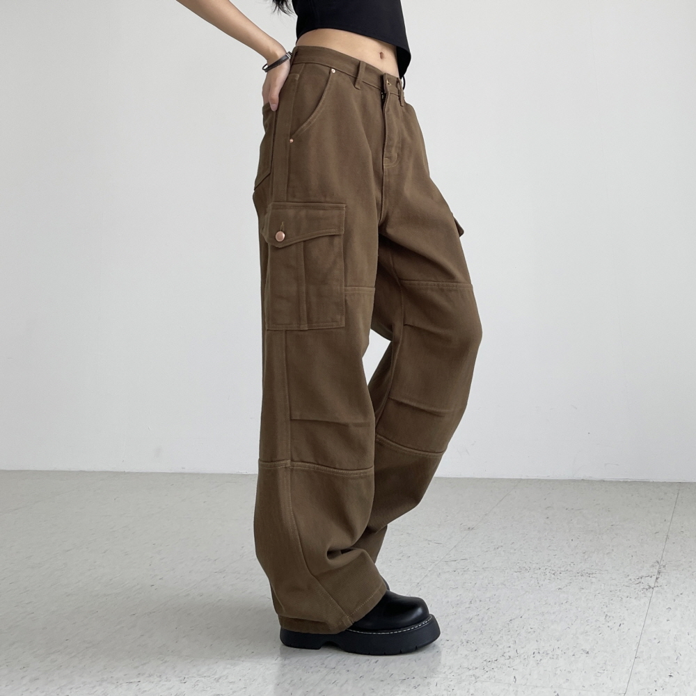 여성카고팬츠 하이웨스트 가을 겨울 브라운 블랙 코튼 세미와이드 면바지 어텀카고팬츠 - 상세 이미지 5