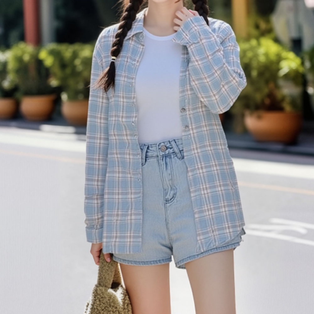 여성난방 체크무늬 레이어드 긴팔 가을 남방 - 상세 이미지 4