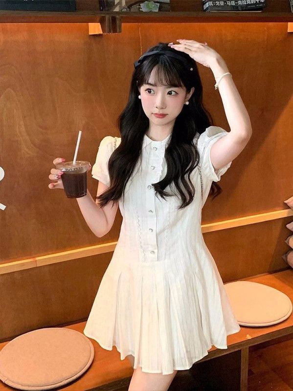 여성 퍼프 슬리브 셔츠 원피스 미니 플리츠 스커트 가을 데일리룩 하객룩 스타일링 플레어 디자인 편안한 착용감 캐주얼 모던한 트렌디한 - 상세 이미지 3