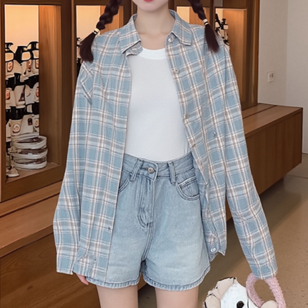 여성난방 체크무늬 레이어드 긴팔 가을 남방 - 상세 이미지 3