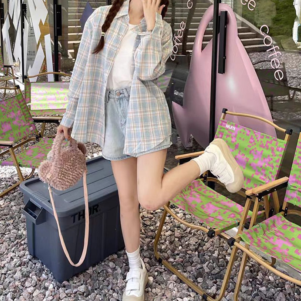 여성난방 체크무늬 레이어드 긴팔 가을 남방 이미지 8