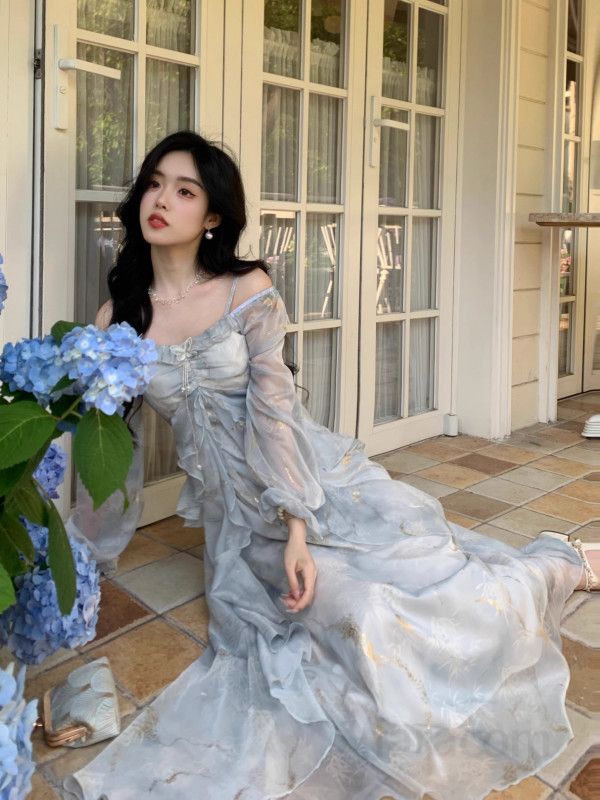 여성 롱슬리브 드레스 블루 그라데이션 페어리 러플 디자인 우아한 스타일 파티룩 매력적인 데일리웨어 고급스러운 착용감 - 상세 이미지 3