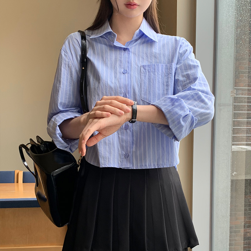 루즈핏 긴팔 크롭 스트라이프 셔츠 bs8400 - 상세 이미지 3