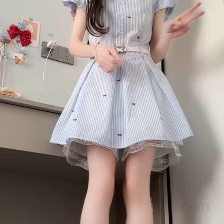 스트라이프 셔츠 드레스 여성 여름용 허리 강조 미니원피스 시원한 착용감 캐주얼한 스타일 데일리룩 - 상세 이미지 4