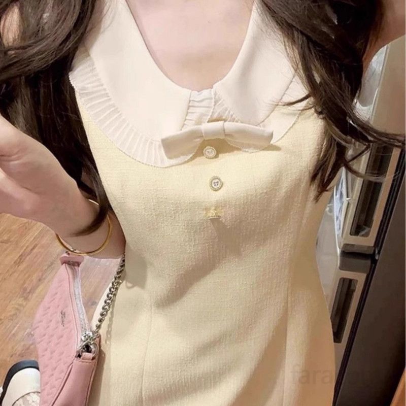 여성 여름 민소매 미니드레스 허리 슬림핏 인형 칼라 노란색 파티복 빈티지 스타일 데일리룩 시원한 착용감 - 상세 이미지 5