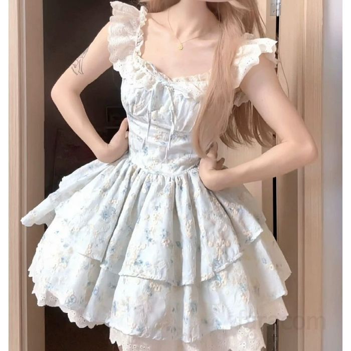 스퀘어넥 플라워 미니드레스 허리 슬림핏 여름 파티룩 플라잉 슬리브 부드러운 착용감 데일리 스타일링 가능한 여성 원피스 - 상세 이미지 2