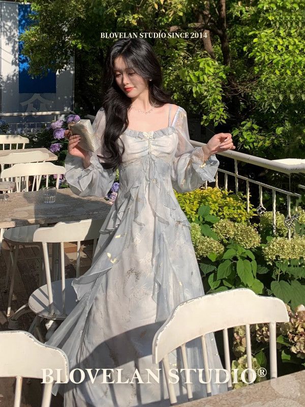 여성 롱슬리브 드레스 블루 그라데이션 페어리 러플 디자인 우아한 스타일 파티룩 매력적인 데일리웨어 고급스러운 착용감 - 상세 이미지 2