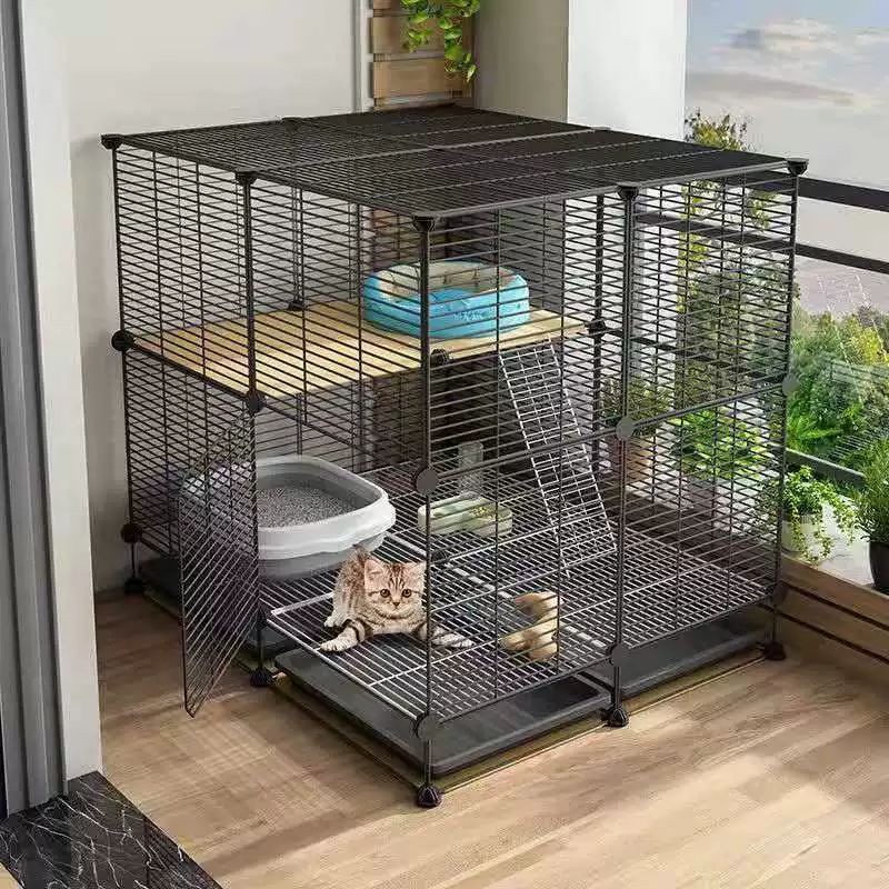 고양이 대형 케이지 철제 켄넬 사육장 애견 펫도어 애견울타리 애견펜스 고양이집 울타리펜스 2층 74x74x74 키튼용 슈퍼형 기본형+모래통+집+식기+해먹 - 상품 이미지