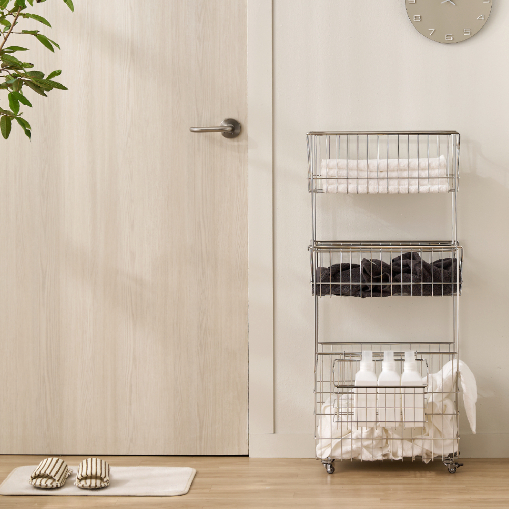 퓨어셀 프리미엄 304 올스텐 이동식 슬림 틈새 세탁 빨래 바구니 3단, 1개