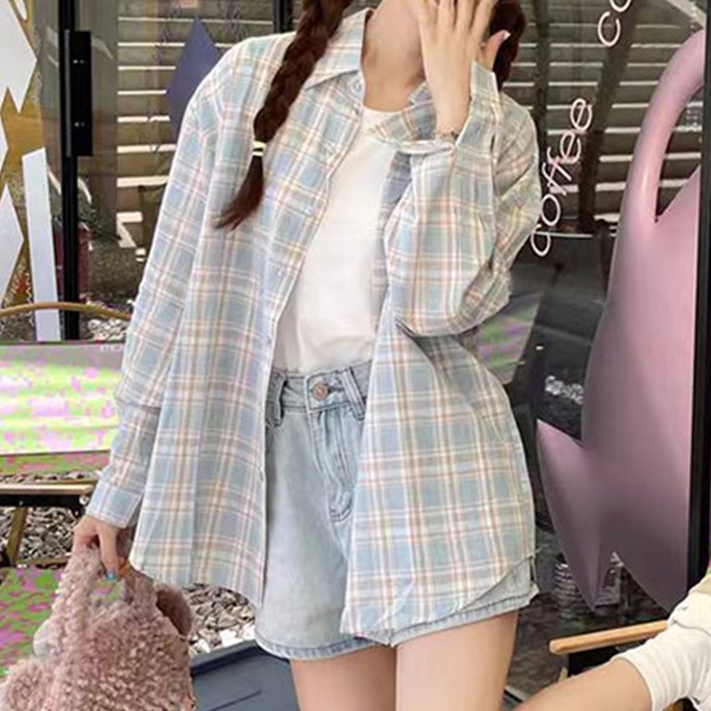 여성난방 체크무늬 레이어드 긴팔 가을 남방 이미지 7
