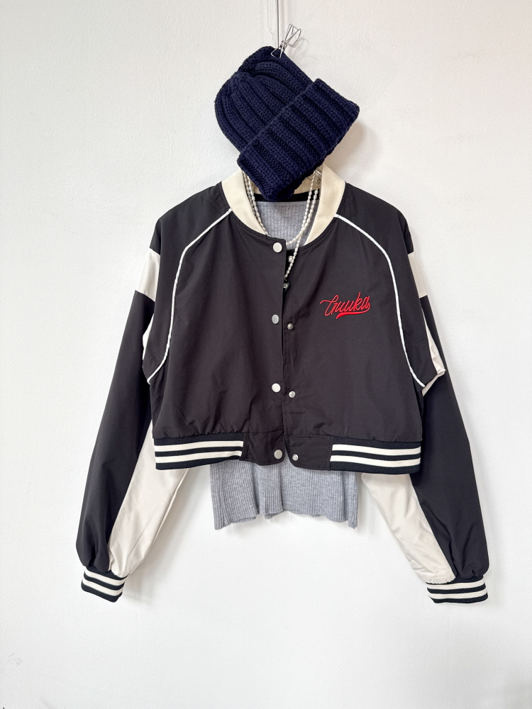 크롭 또또단추 배색 삥줄 시보리 미니 야구 점퍼