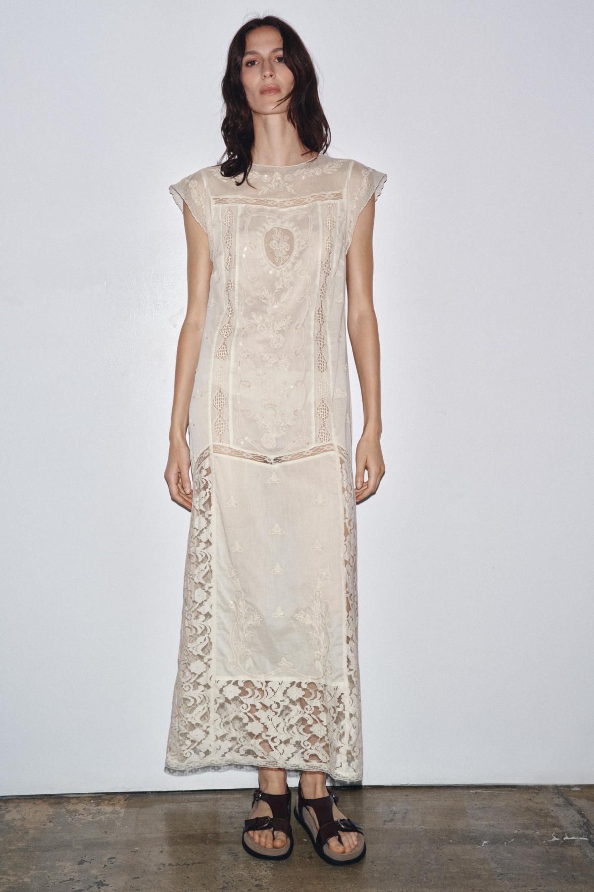 자라 시퀸 자수 레이스 미디 원피스 7521/928 OYSTER-WHITE - 상세 이미지 2