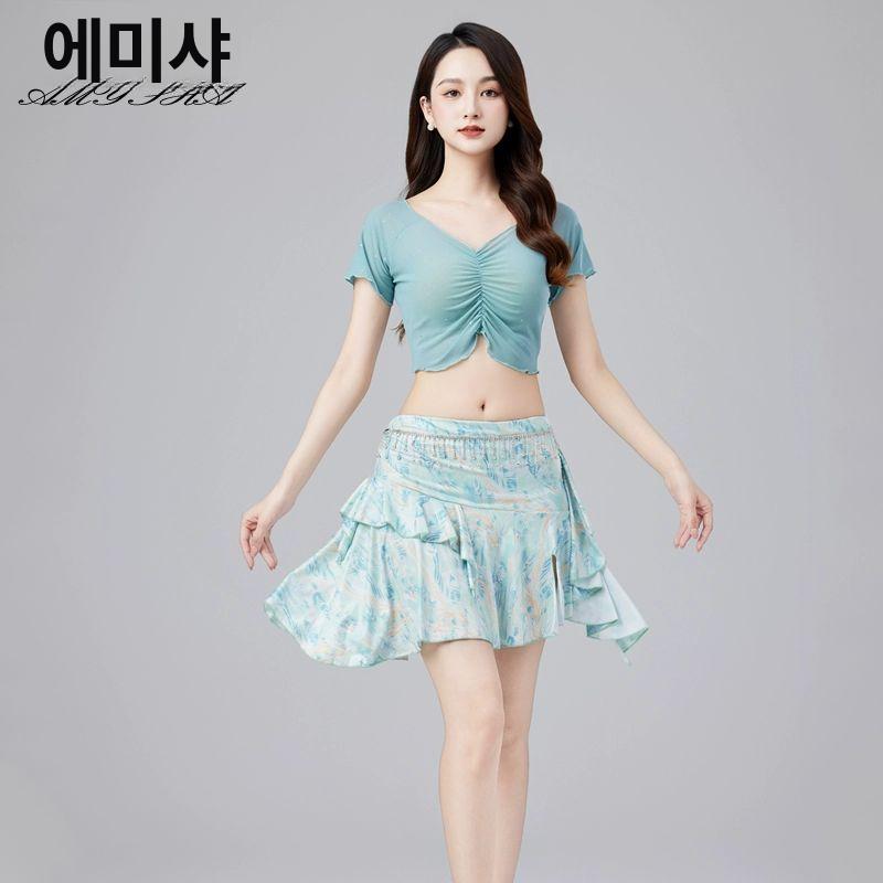 라틴 라인 댄스스커트 댄스복 의상 댄스치마 언발란스 댄스의상 라틴댄스 라인댄스복 방송댄스복 A 스타일 그린 상의+치마+허리 체인 M - 상세 이미지 3