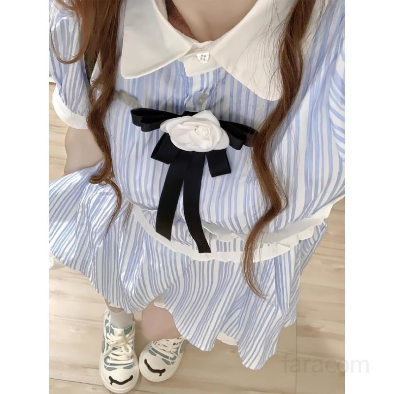 여성 여름 스트라이프 셔츠 원피스 프랑스 스타일 숏 스커트 캐주얼 바캉스룩 시원한 착용감 데일리룩 휴가 원피스 - 상세 이미지 4