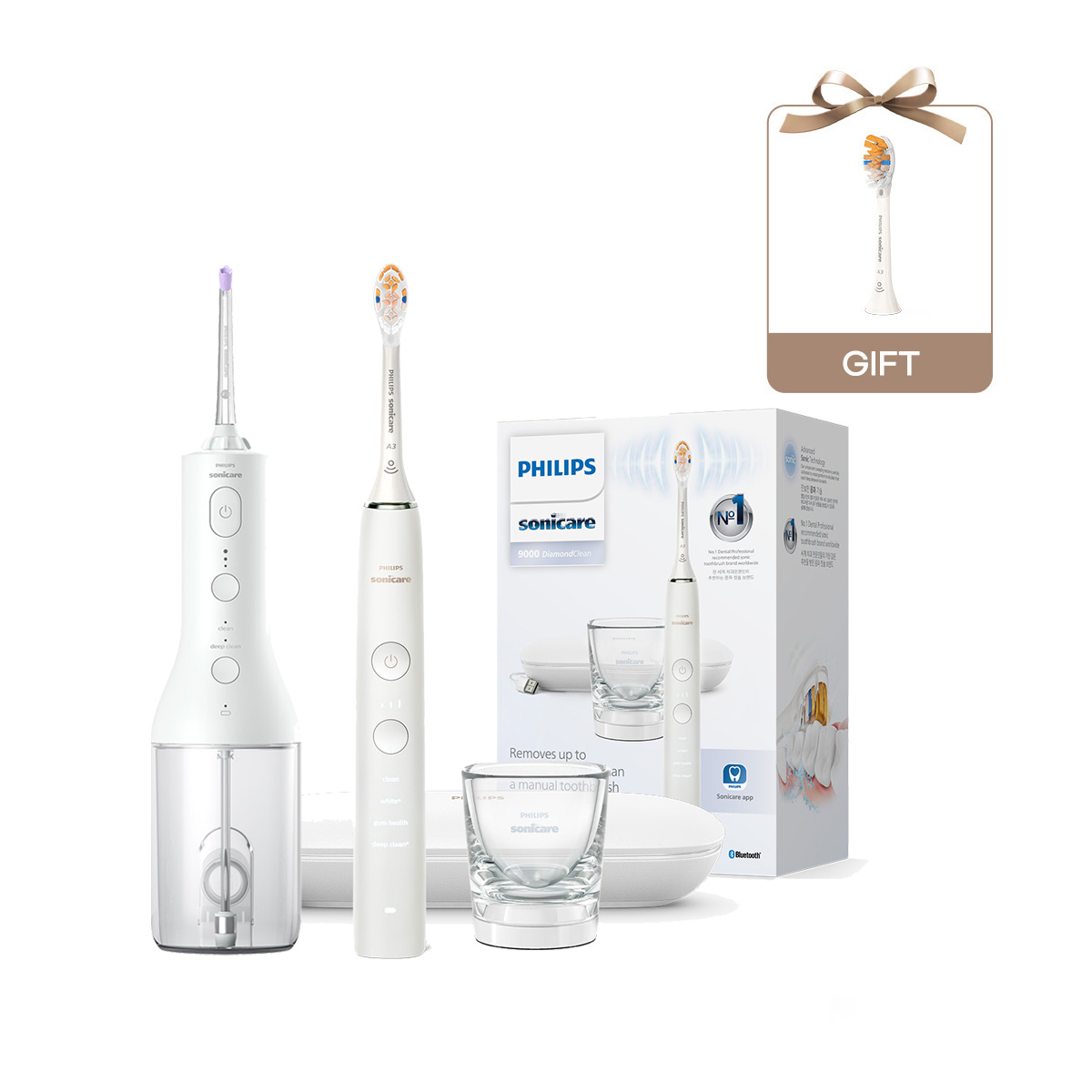 필립스 소닉케어 전동칫솔 구강세정기 세트 다이아몬드클린 9000 화이트/화이트