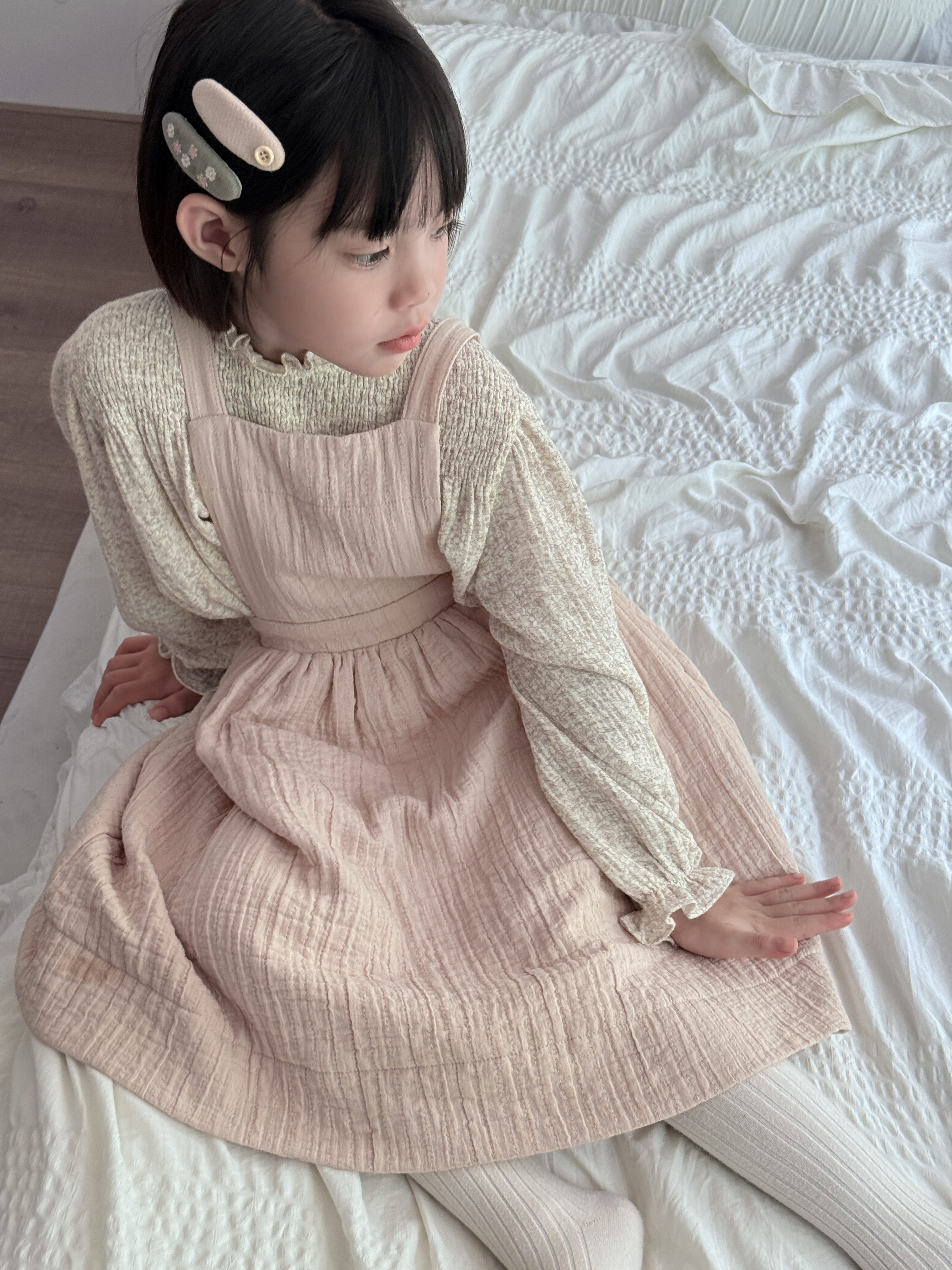 플라워 순면 엠보 요루지 스모크 자수 플레어 블라우스 유아 주니어 간절기 - 상세 이미지 2