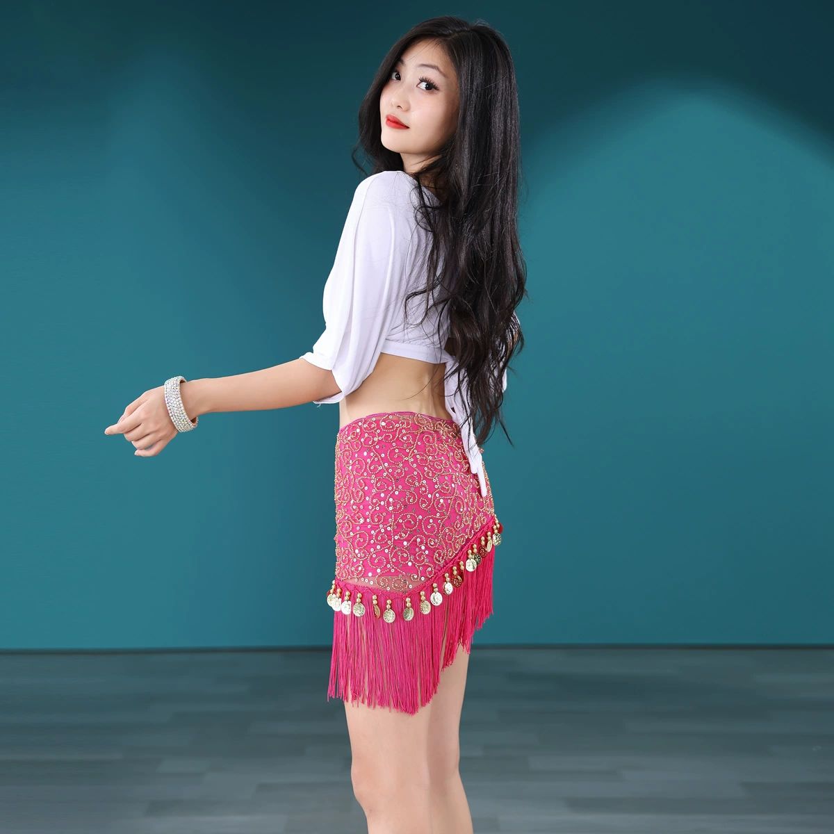 라인댄스 힙스카프 세트 상하의 블링블링 무대 줌바 여성 댄스복 블랙 상의+블랙 허리 체인+블랙 3종 - 상세 이미지 4
