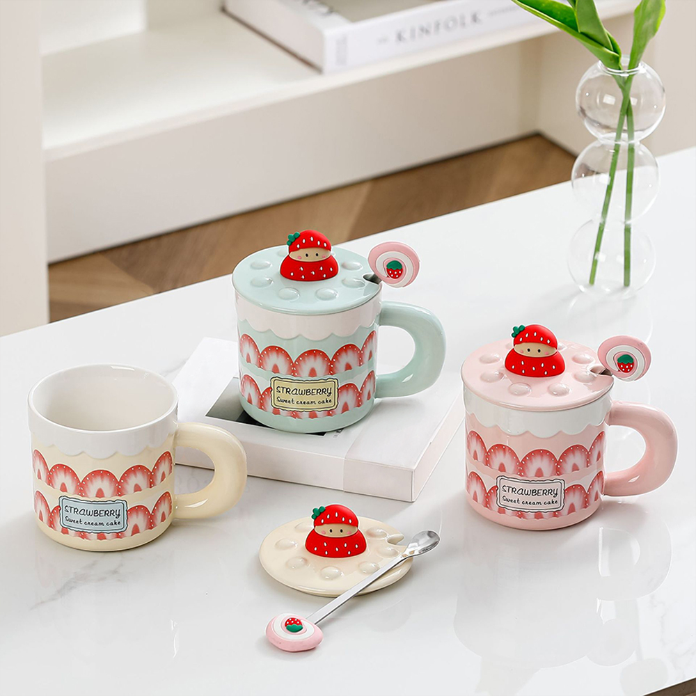 레토 머그컵 딸기 스푼 뚜껑 집들이 크리스마스선물 패키지 세트 400ml