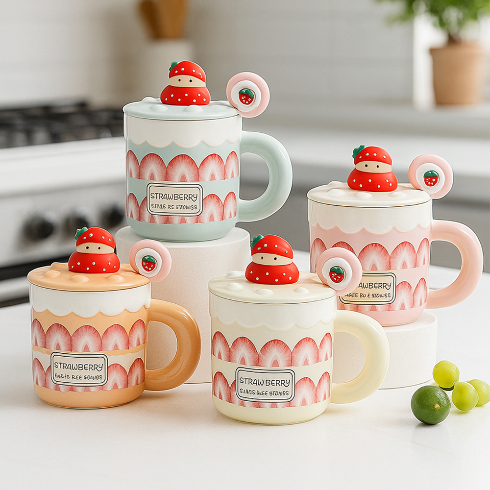레토 머그컵 딸기 스푼 뚜껑 집들이 크리스마스선물 패키지 세트 400ml