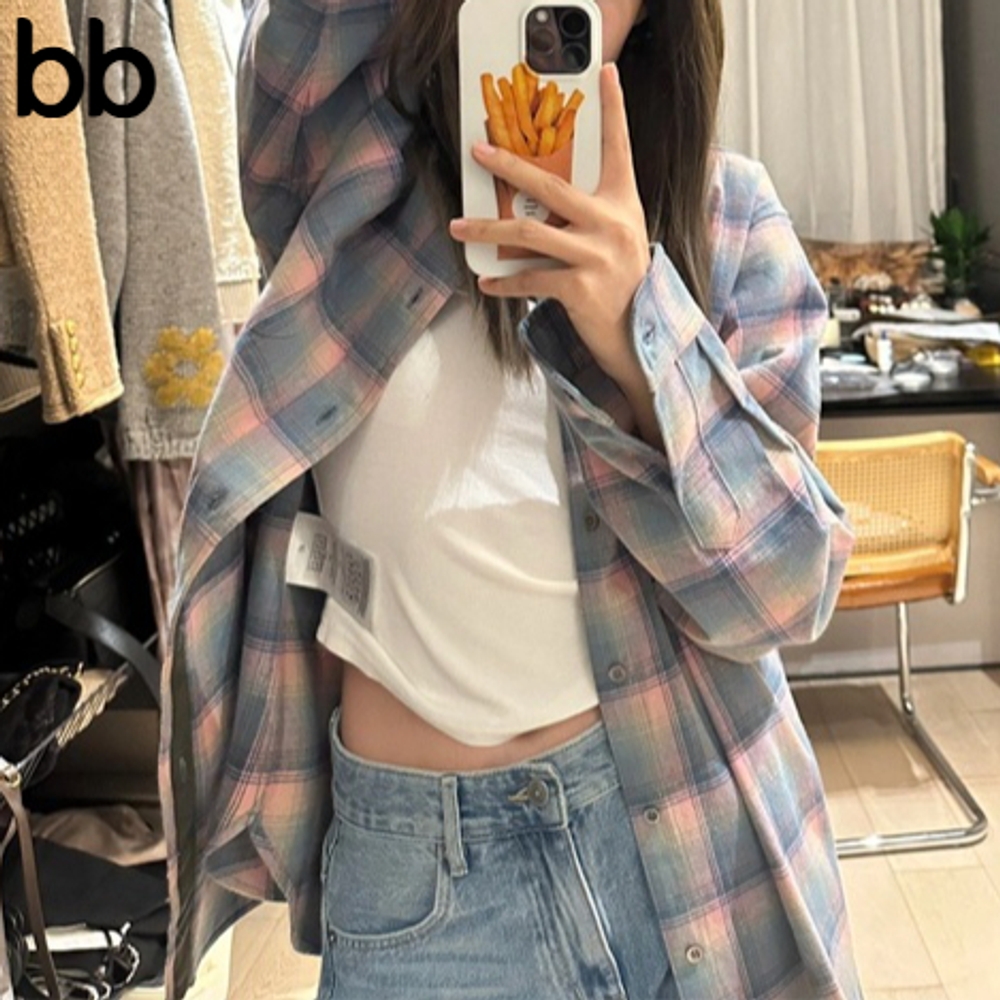 체크남방 여자 셔츠 루즈핏 와이셔츠 가을 살안타템 봄 여성 긴팔 레드 오버핏 여름 블루 S - 상품 이미지