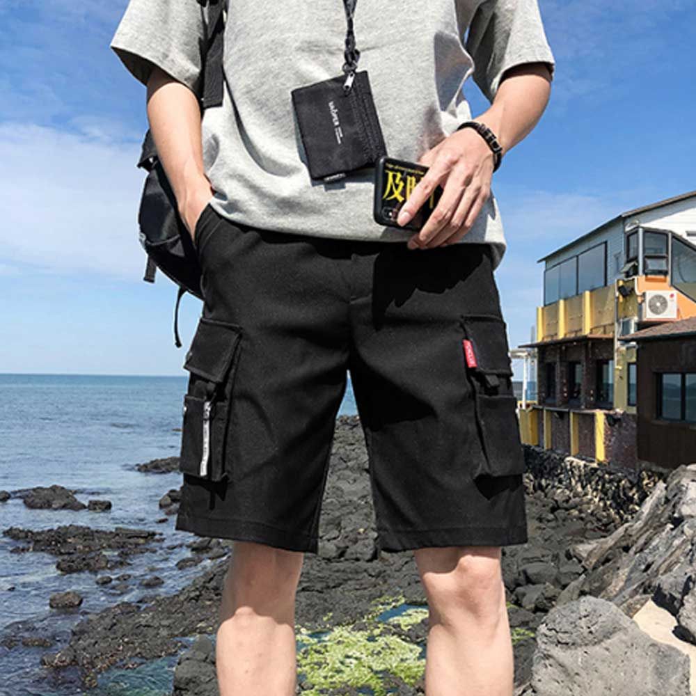 남자 여행 휴가 룩 밴딩 카고 5부 반바지 검정 쇼츠 블랙 XL - 상품 이미지