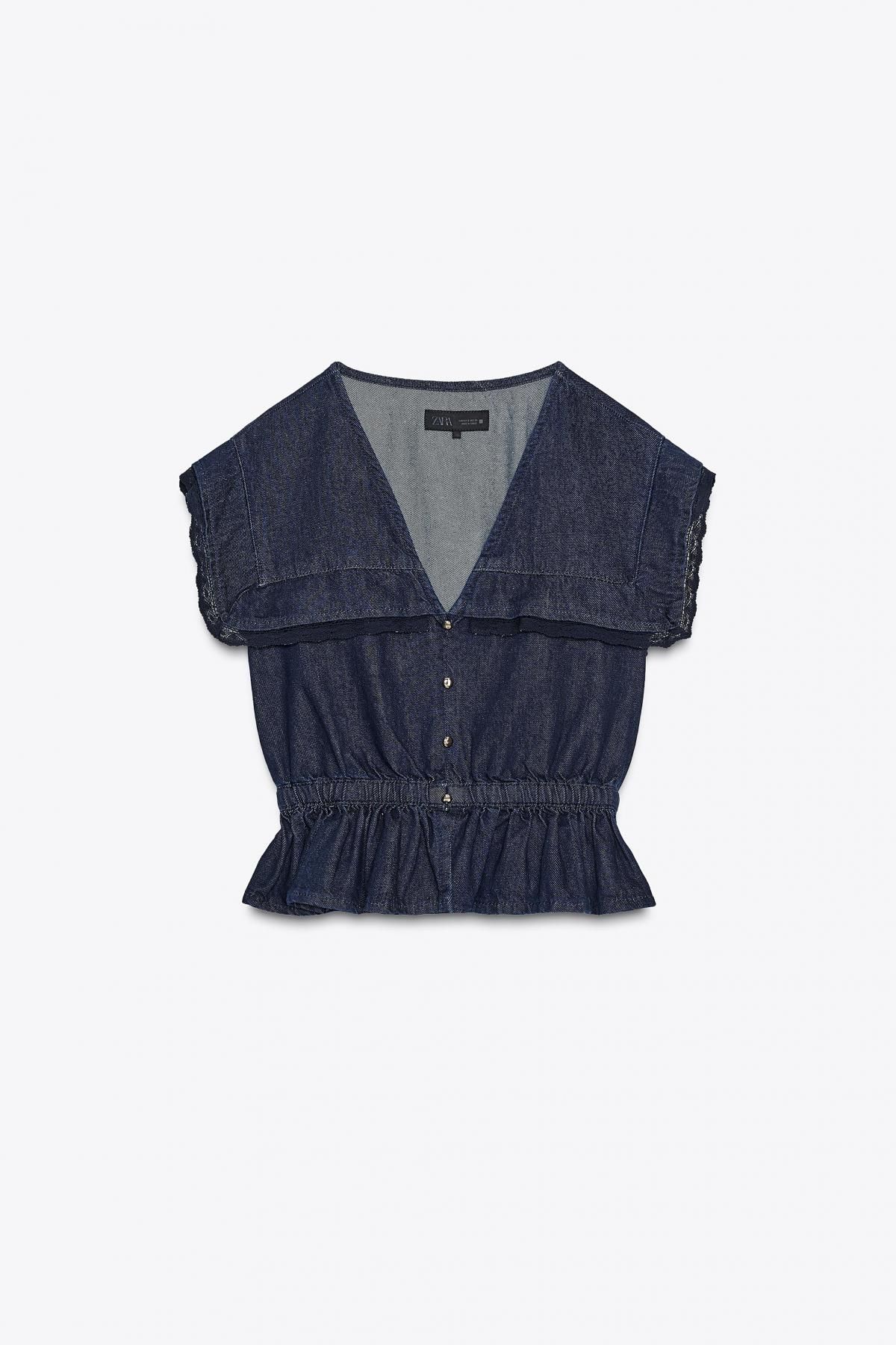 자라 트렌디 데님 브이넥 레이스 셔링 셔츠 6147/155 BLUE - 메인 이미지