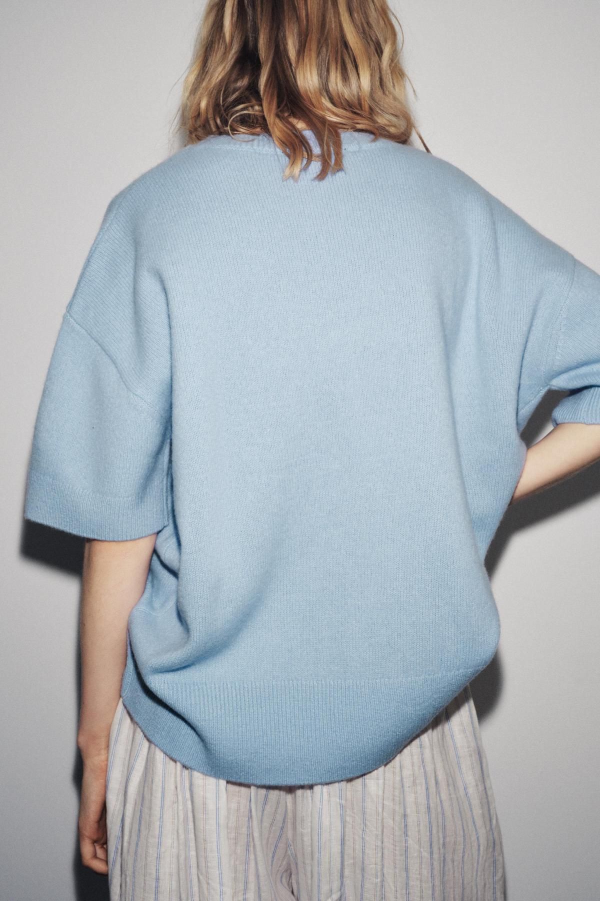 자라 프리미엄 100 울 라운드넥 반팔 니트 스웨터 2893/114 LIGHT BLUE - 상세 이미지 3
