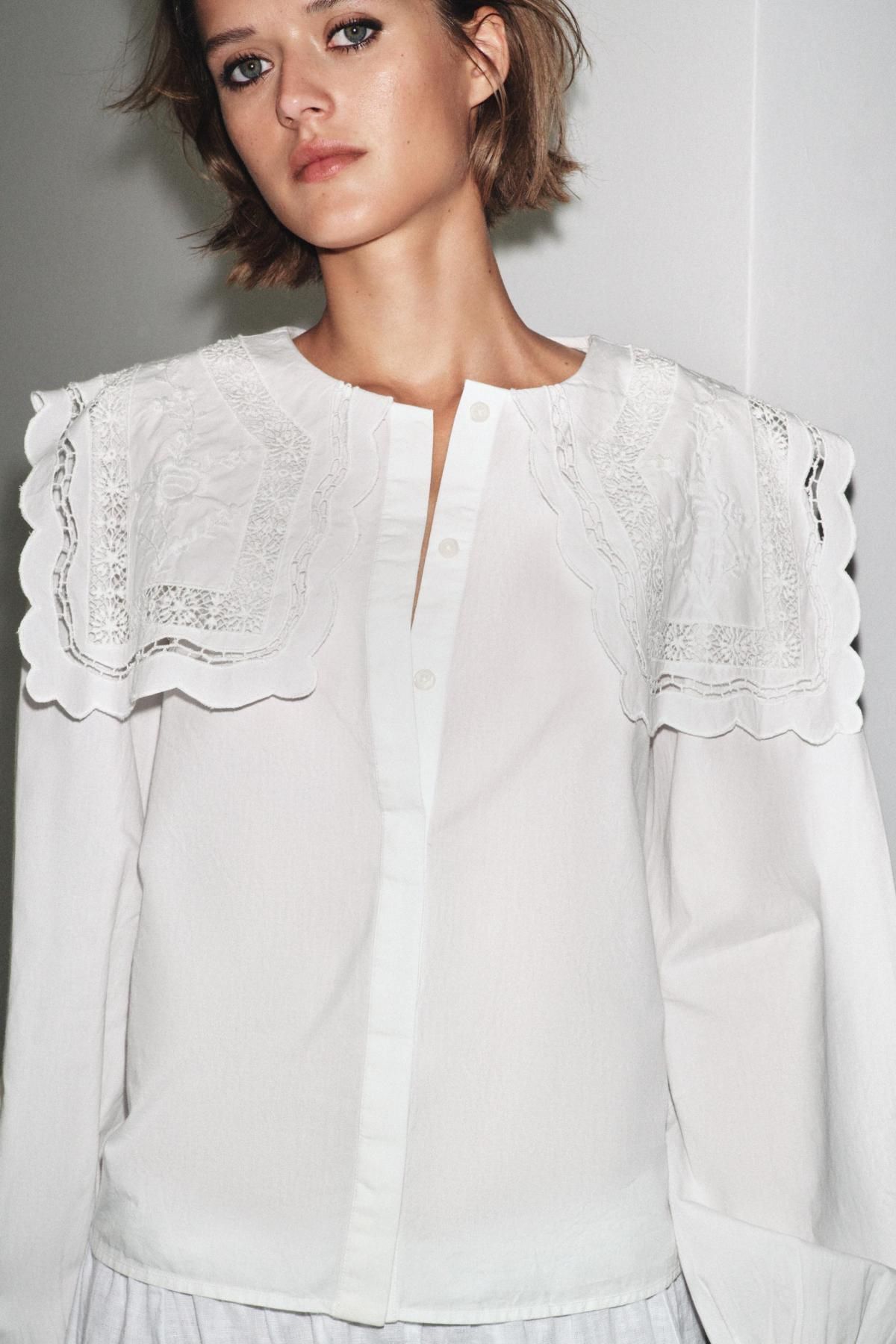 자라 프리미엄 자수 카라 코튼 포플린 블라우스 6895/243 OYSTER-WHITE - 상세 이미지 3
