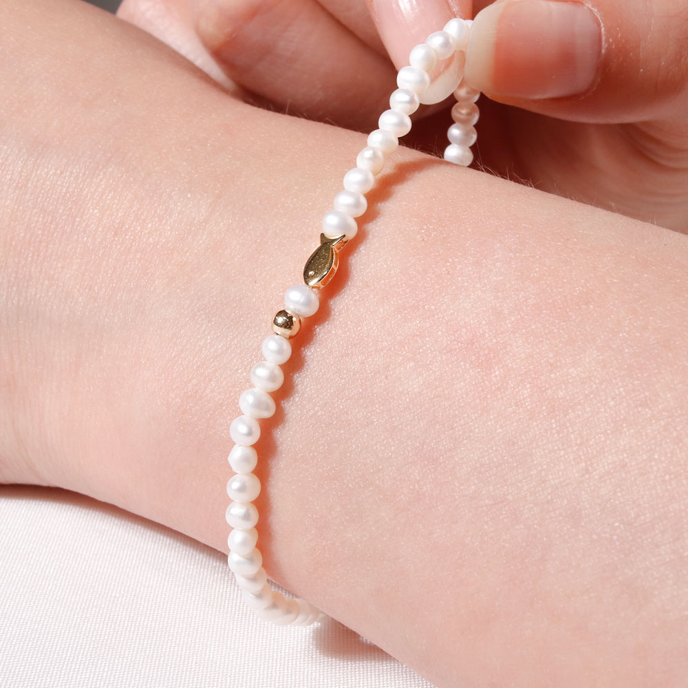 14K 미니 물고기 담수 진주 팔찌 행운 선물 우정