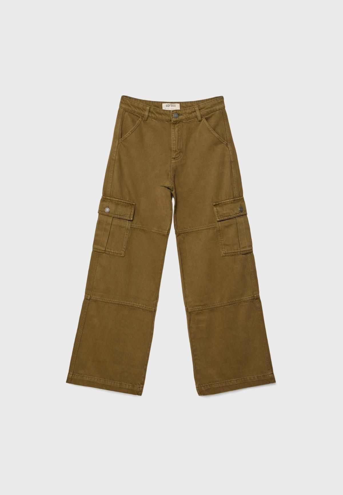 스트라디바리우스 미드라이즈 포켓 카고 스트레이트 와이드 팬츠 8274/351 OLIVE GREEN - 상세 이미지 3